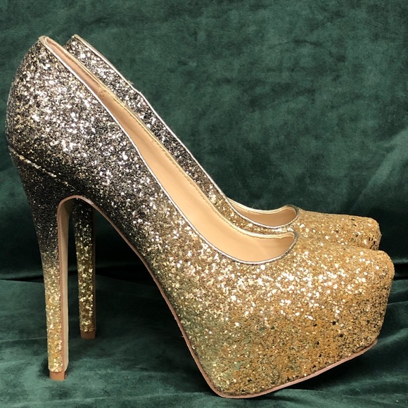 Just Fab Gold and Black Sparkling Heels 9 - Picture 1 of 6